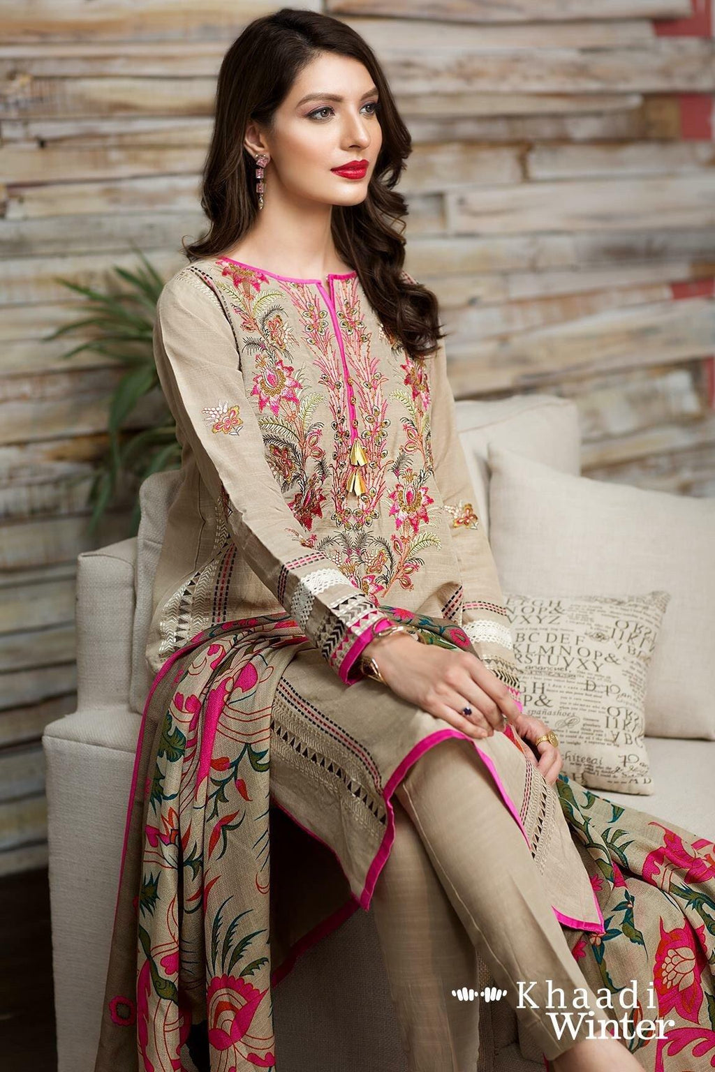 Khaadi Pink- WINTER Embroided 3PC khaddar Dress with wool shawl-RT004